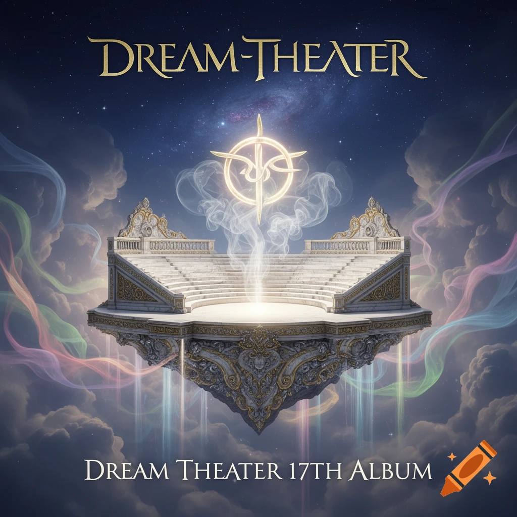 A celestial album cover with a grand floating white and gold stone stage, surrounded by wispy clouds and colorful ribbons, under a starry night sky. The band name "DREAM-THEATER" is at the top, and "DREAM THEATER 17TH ALBUM" is at the bottom. A glowing symbol hovers above the stage.