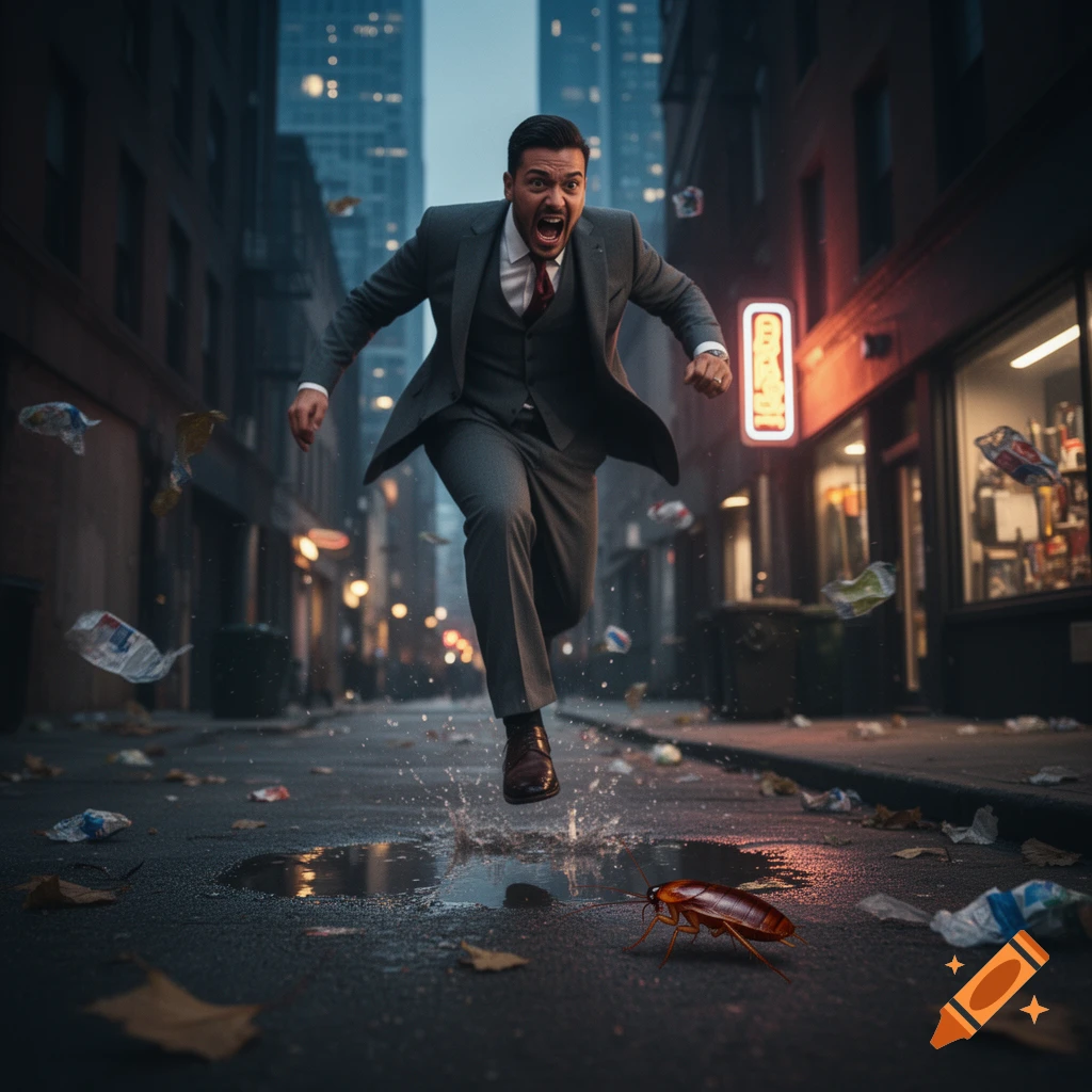 A man in a suit screams and runs through a puddle in a dark city alley, while a large cockroach is on the wet ground. Photorealistic.
