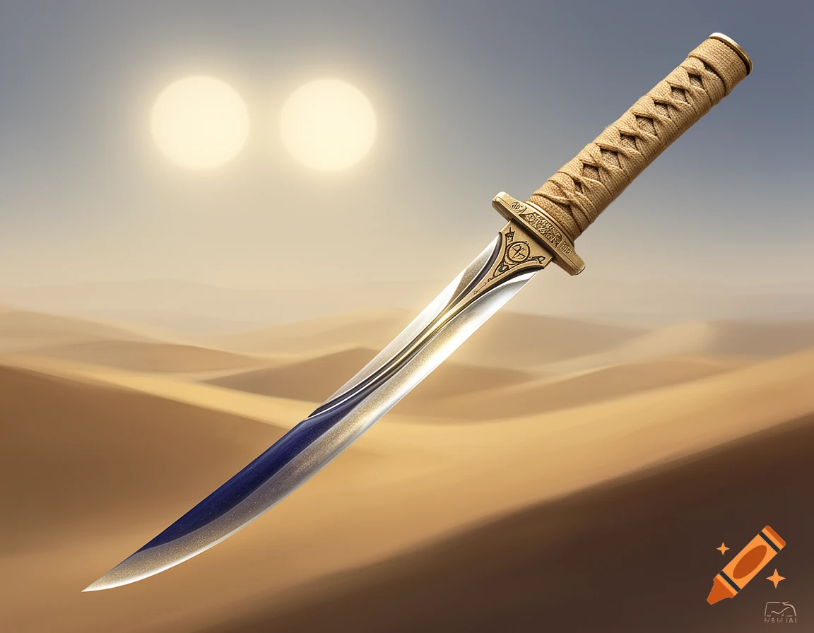 A detailed wakizashi-style sword with a golden hilt and blue-sheened blade floats above a desert landscape under twin suns.