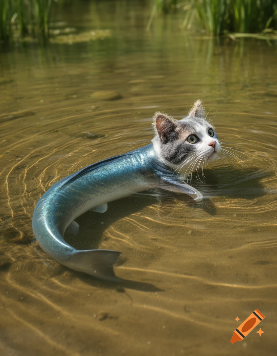 A gray and white cat's head with a blue fish body, like a mer-cat, swims in shallow, clear water, looking up.