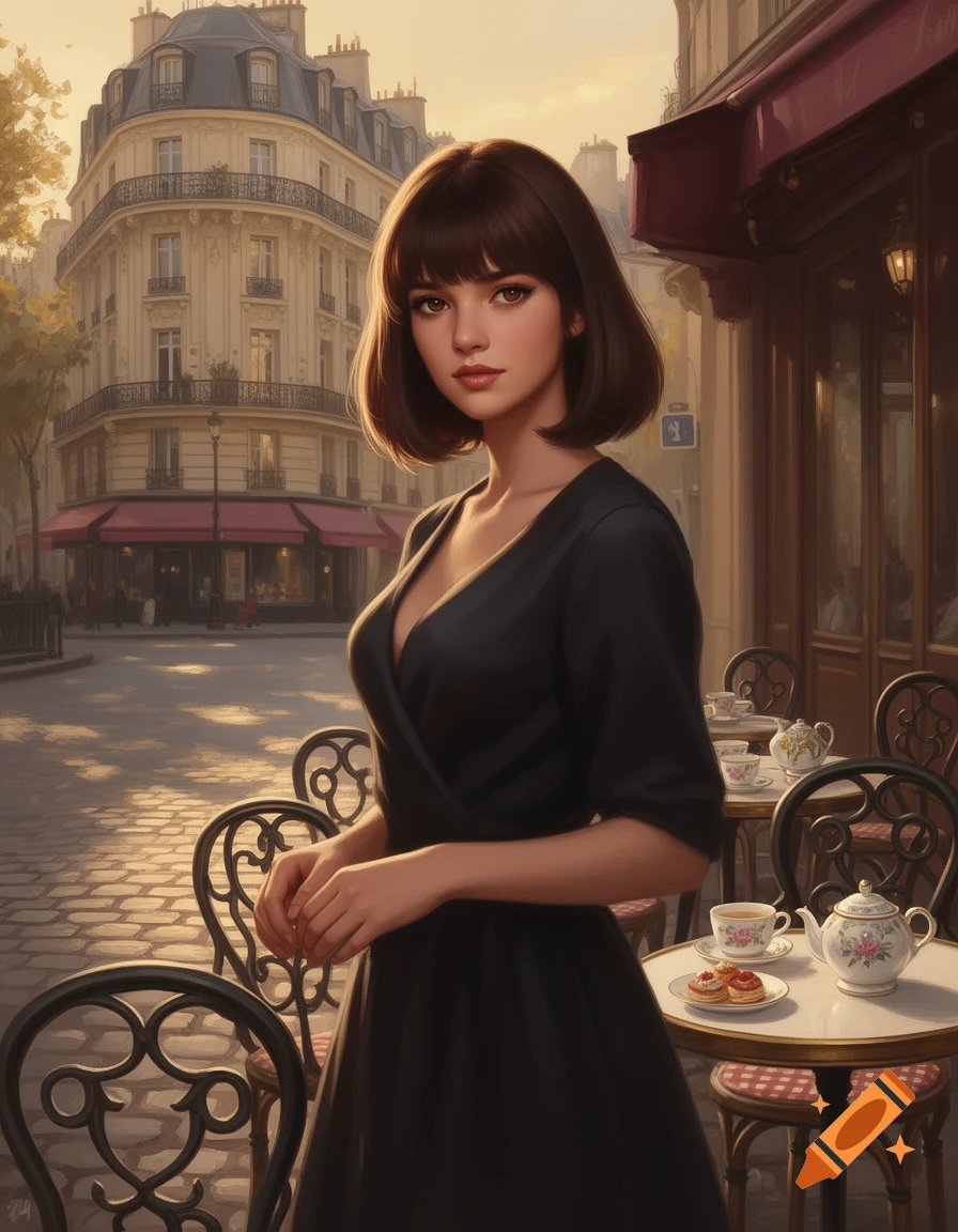 A woman in a black dress stands outside a Parisian cafe, with an ornate building in the background.