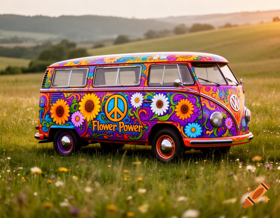 A vibrant, flower power Volkswagen van adorned with sunflowers and peace signs, parked in a sunny meadow.