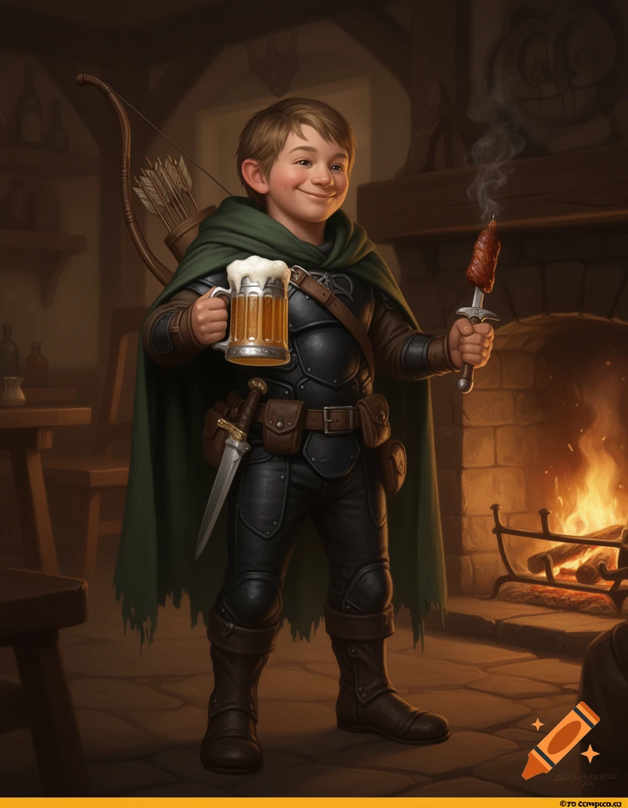 A smiling young halfling adventurer in black leather armor and green cape holds a tankard of beer and a smoking skewer of meat on a dagger in a cozy tavern.