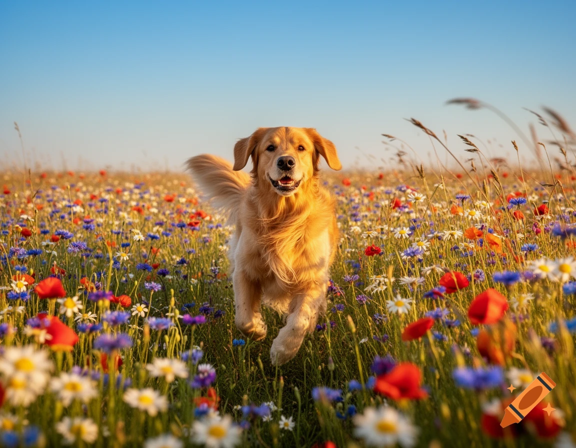 A happy golden retriever runs through a vibrant field of colorful wildflowers under a clear blue sky.