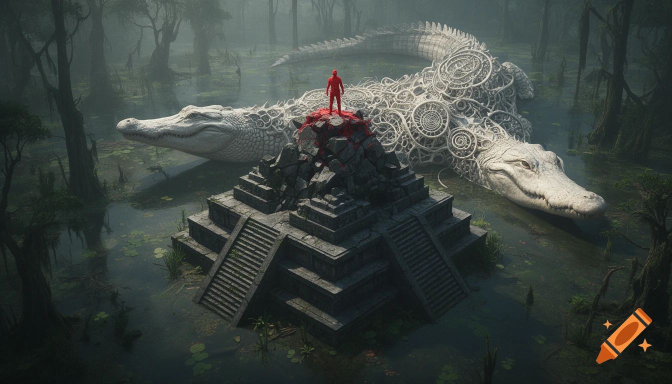 A colossal white alligator with fractal patterns lies in a foggy swamp next to a dark ziggurat, where a small red figure stands on its crumbling apex.