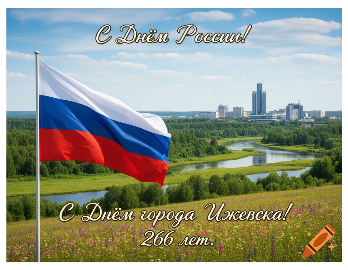 A patriotic greeting card showing a Russian flag waving in a field of wildflowers, overlooking a river and a city skyline under a blue sky, with text wishing a happy Russia Day and Izhevsk City Day. Photorealistic style.