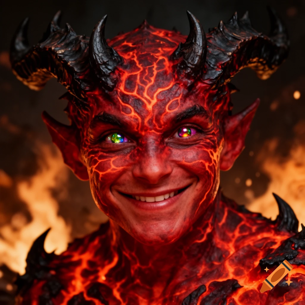 Close-up of a smiling demonic creature with red, lava-like skin, black horns, and multicolored eyes against a fiery background.