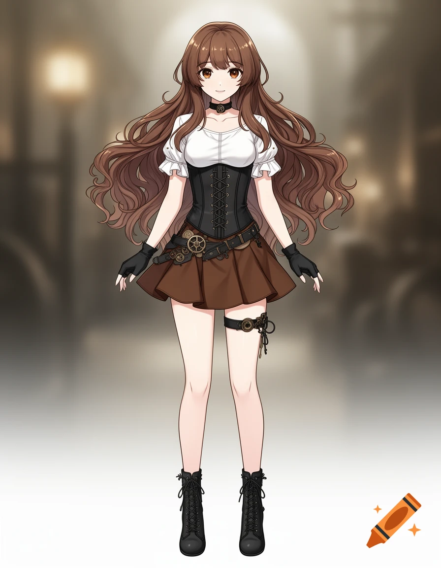 Anime girl with long brown wavy hair, wearing a white top, black corset, brown steampunk skirt, fingerless gloves, choker, and black boots.