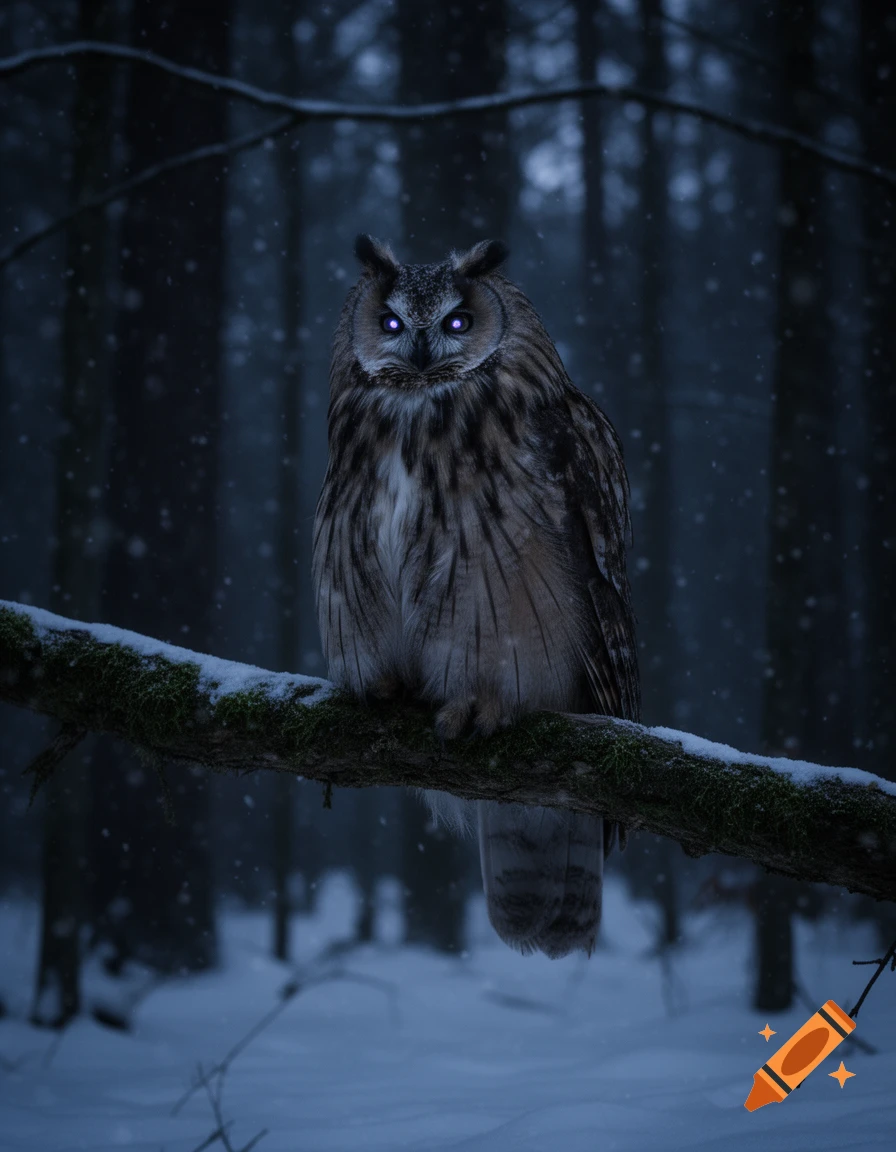 A long-eared owl with glowing purple eyes perches on a snow-covered branch in a dark, snowy winter forest.