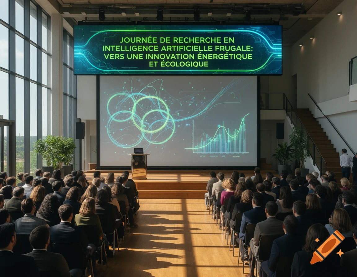 Audience seated in a modern conference hall, watching a presentation screen with text about AI and energy innovation.