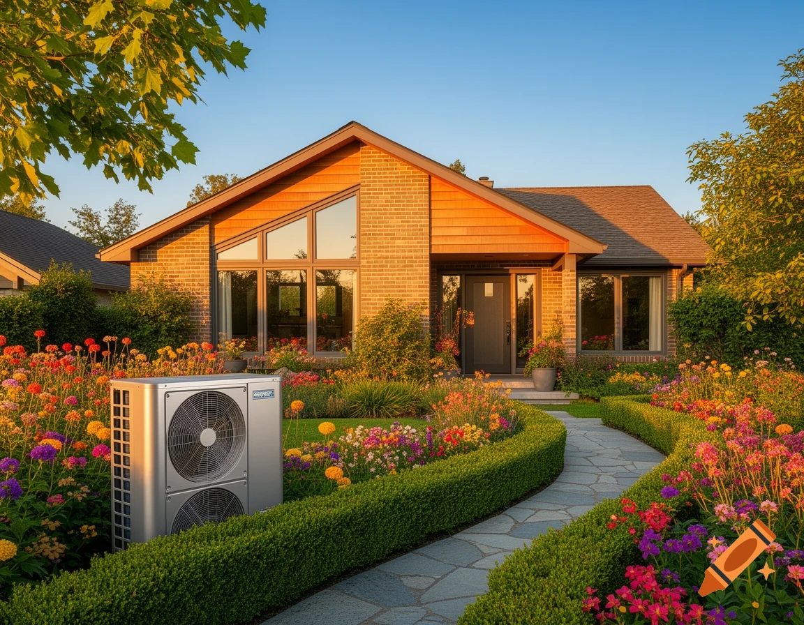 A single-family house with a heat pump in a vibrant, colorful garden under a sunny sky.