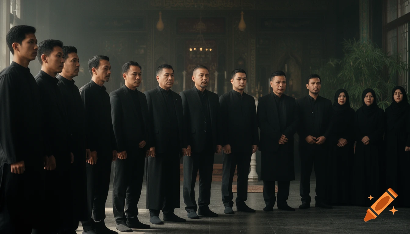 A solemn group of Asian men and women, all dressed in black attire, stand in a line within a dimly lit, ornate interior space, in a photorealistic style.