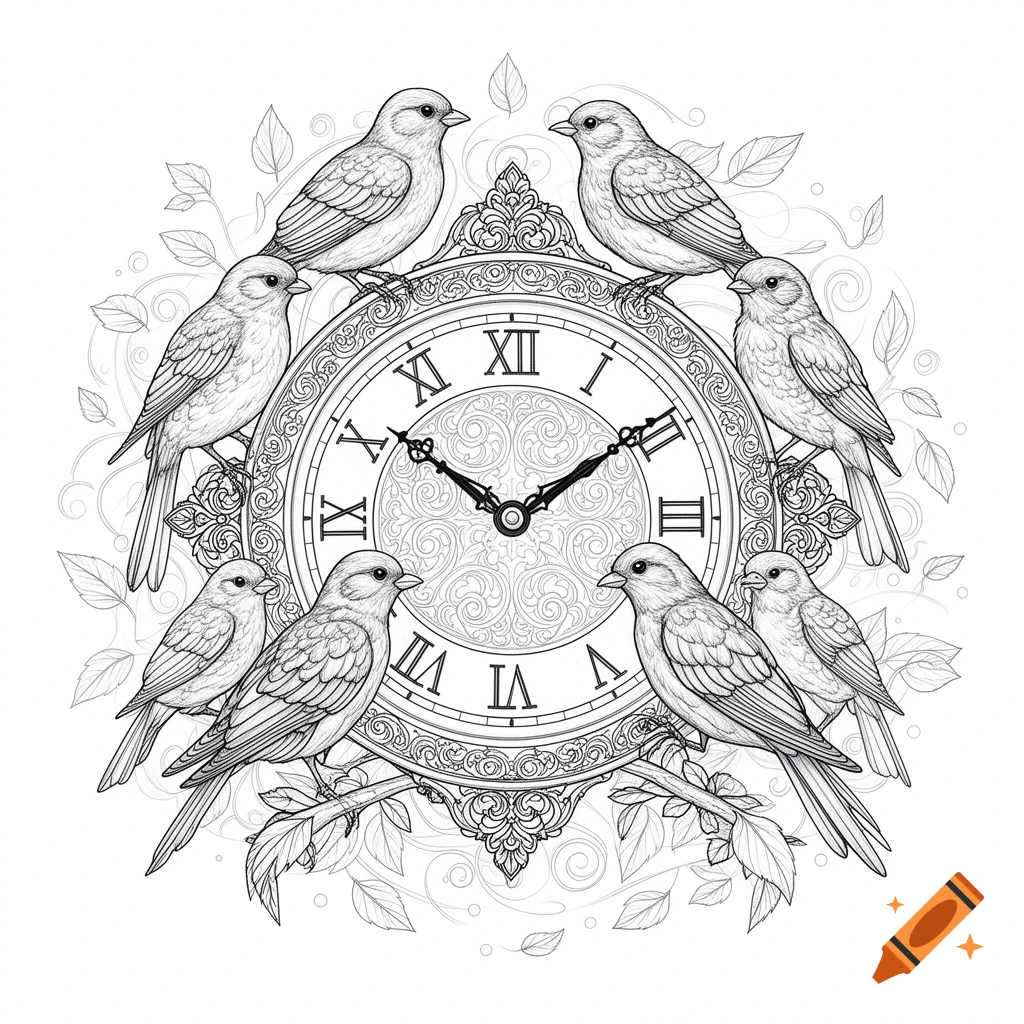 Line art coloring page featuring several small birds perched around an ornate clock with Roman numerals.
