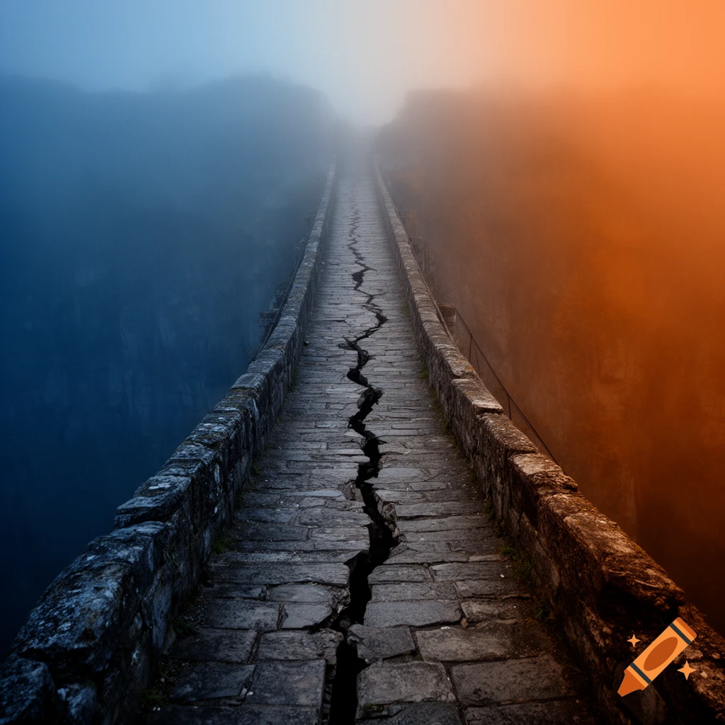 A long, old stone bridge with a deep crack down the middle, spanning a misty gorge with cool blue light on the left and warm orange light on the right.