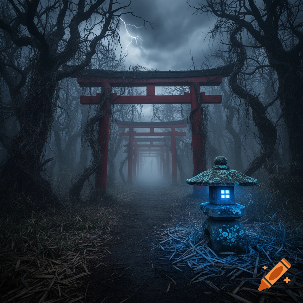 Eerie fog-filled forest with dark, twisted trees and multiple red Japanese torii gates leading into the mist, illuminated by lightning and a glowing stone lantern.