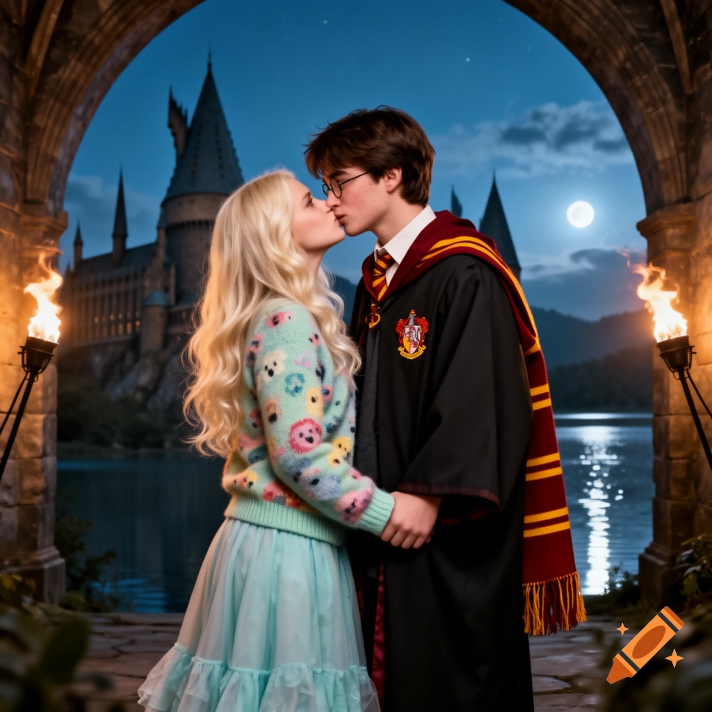 Photorealistic image of Luna Lovegood and Harry Potter kissing under a stone archway, with Hogwarts castle and a full moon over a lake in the background.