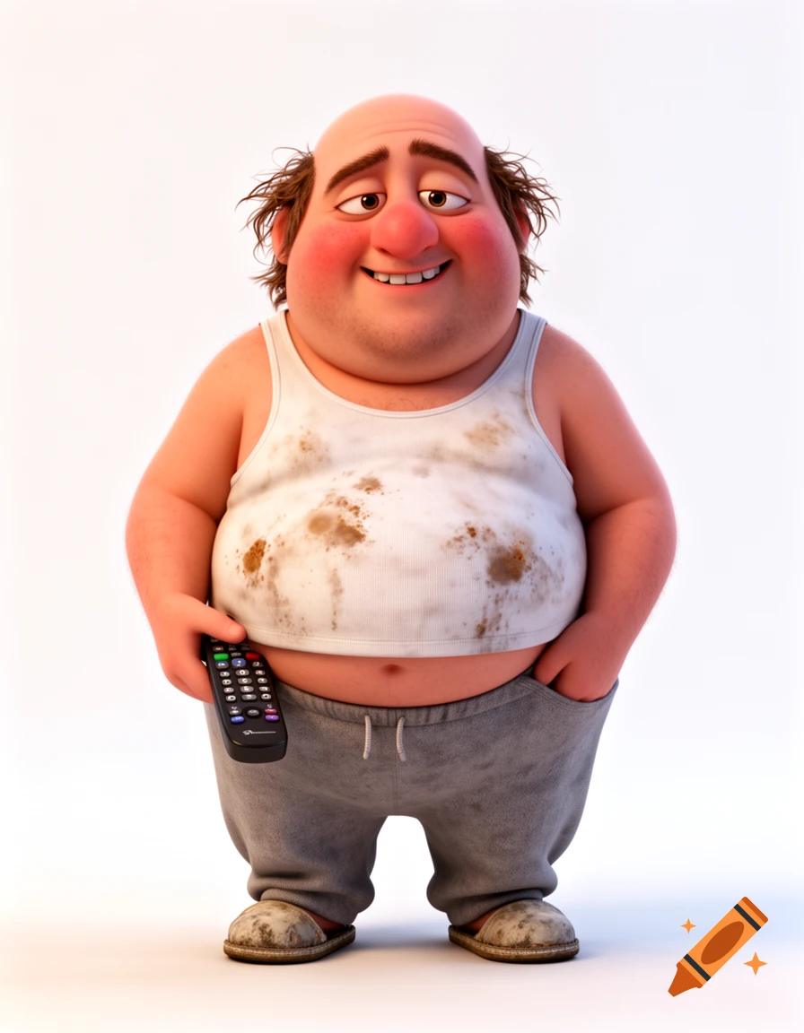 A portly, bald, animated man with messy hair and rosy cheeks smiles, wearing a stained undershirt and sweatpants, holding a TV remote.