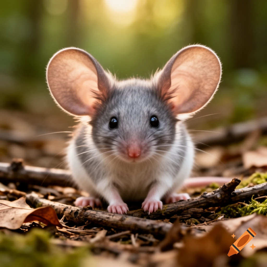Close-up photorealistic image of a small gray and white mouse with large ears sitting on a forest floor.