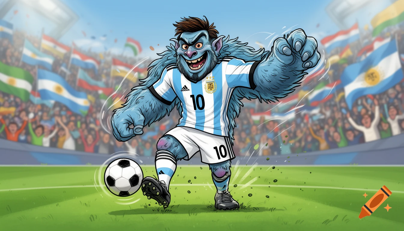 A cartoon blue furry monster wearing an Argentina soccer jersey with number 10, kicking a soccer ball in a stadium filled with cheering fans and flags.