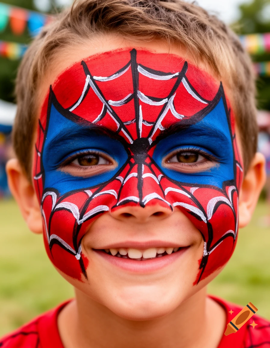 Close-up of a smiling boy with his face painted like Spider-Man, outdoors with a blurred festive background.