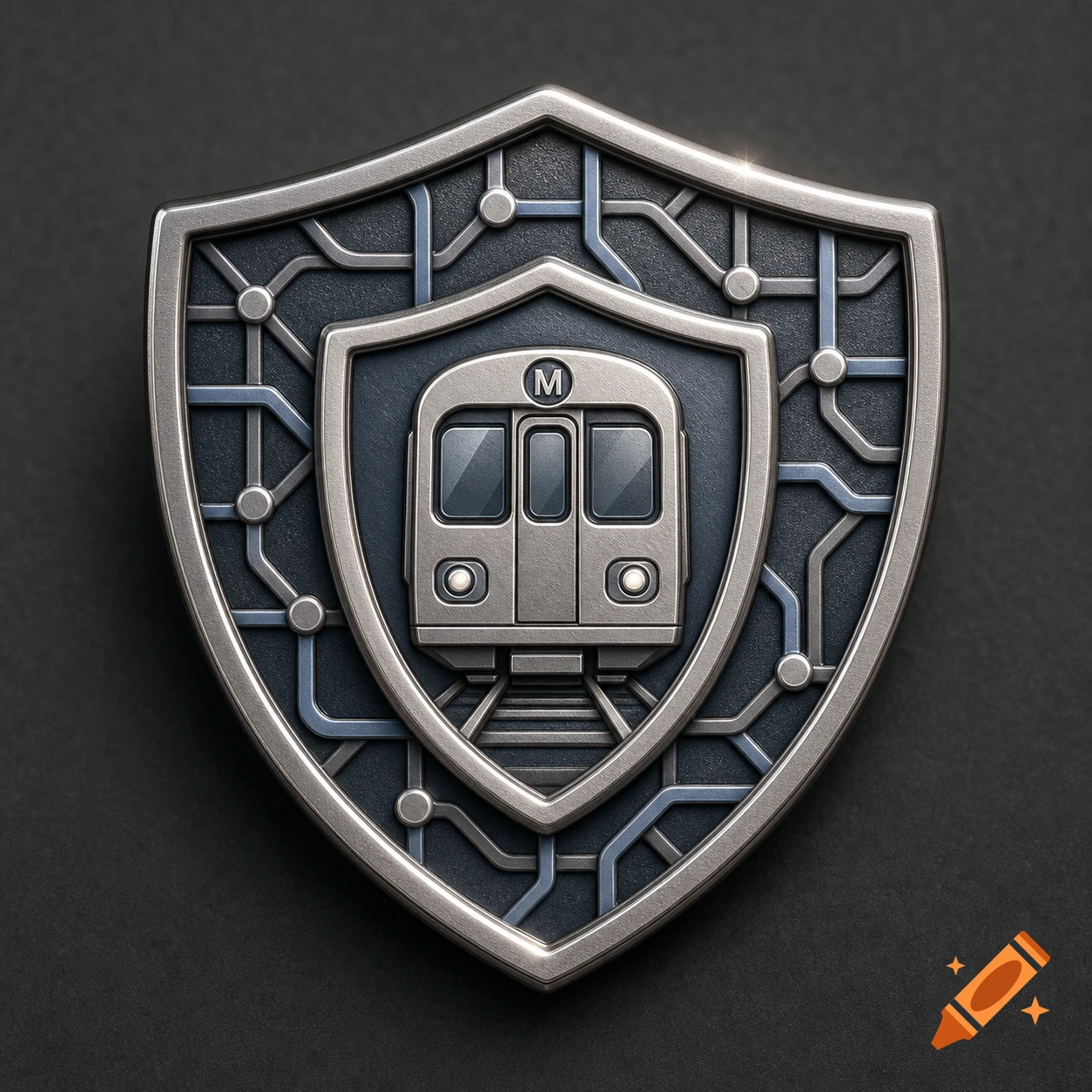 A metallic shield emblem features a stylized subway train on tracks, surrounded by a circuit board pattern, against a dark background.