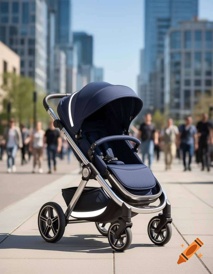 A modern navy blue baby stroller with silver frame and black wheels parked on a city sidewalk with blurred people and buildings in the background.