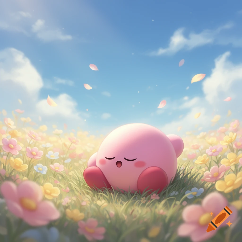 A cute pink Kirby sleeps peacefully in a field of colorful flowers under a blue sky with falling petals.