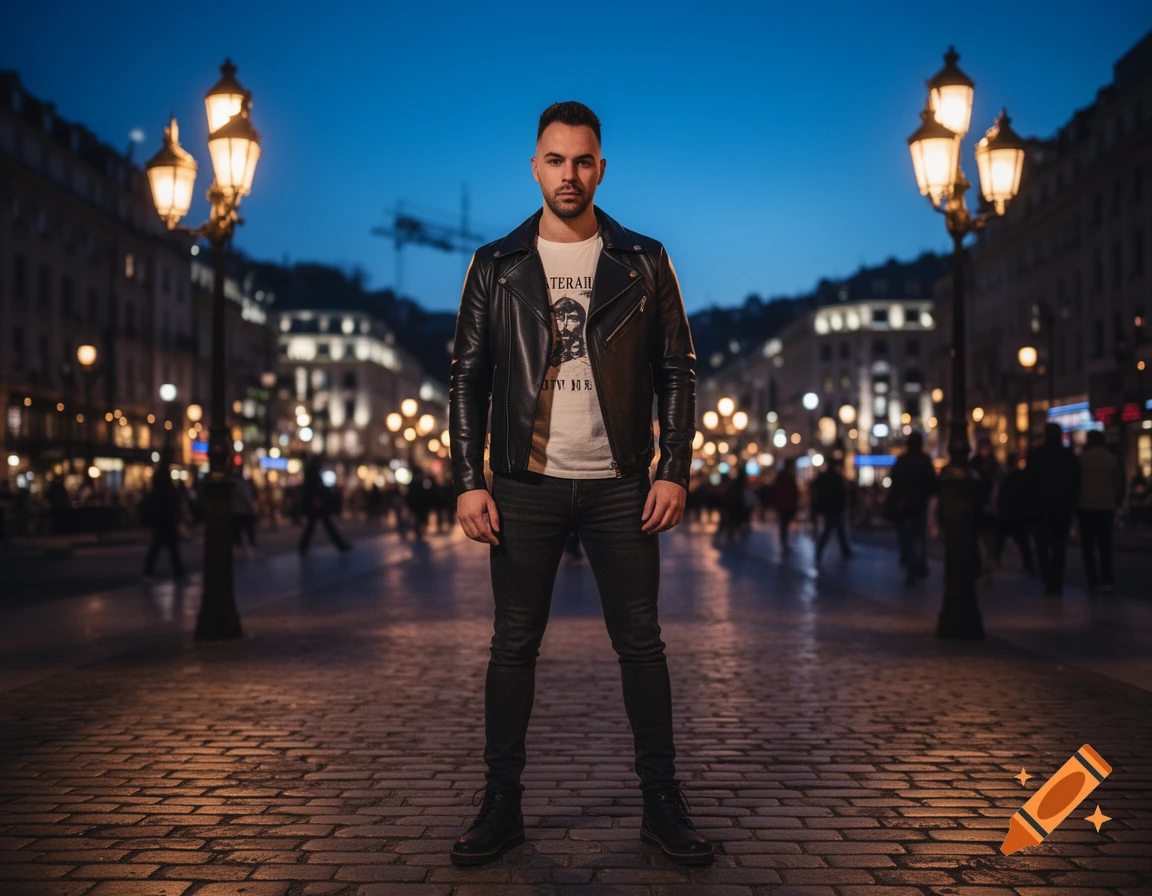 Man in a leather jacket and white t-shirt stands on a cobbled city street at night, illuminated by glowing streetlights.
