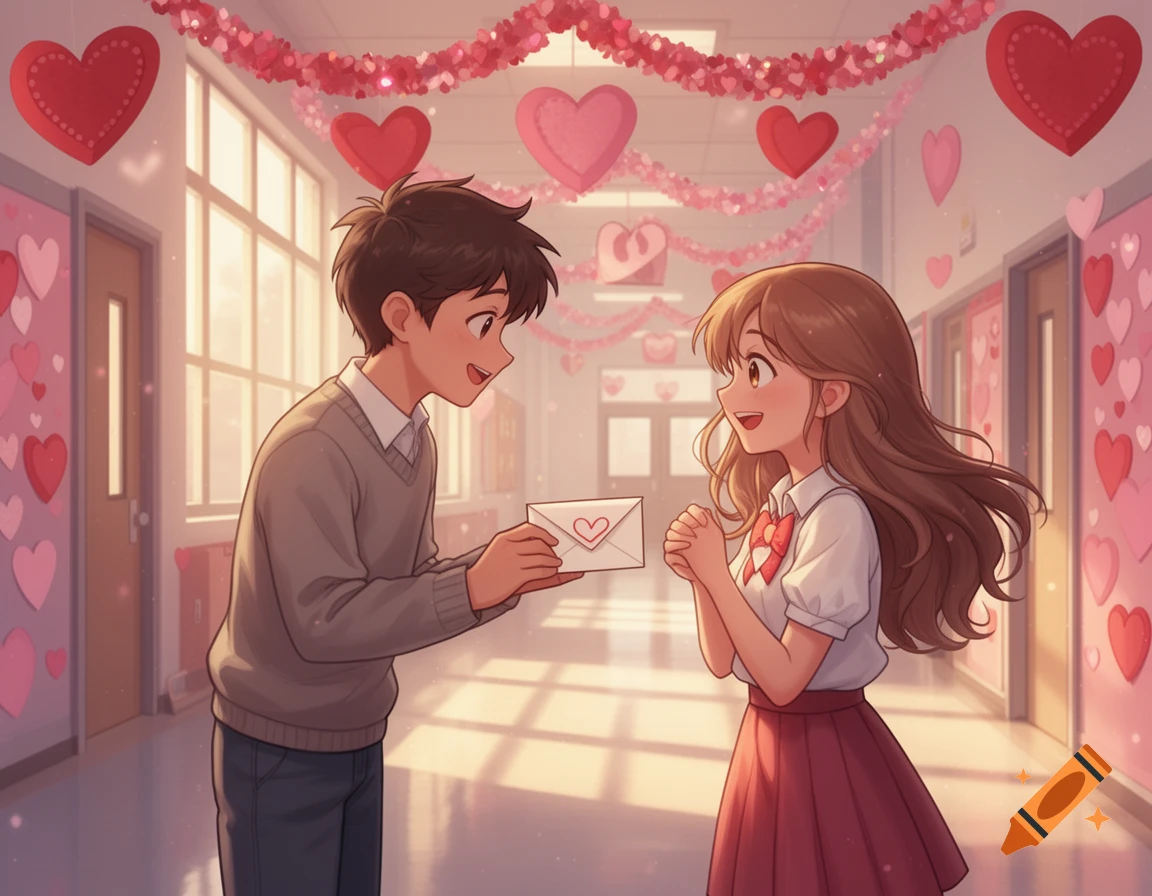 Anime boy gives a Valentine's Day letter to a girl in a school hallway adorned with hearts.