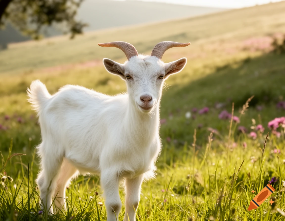 A photorealistic close-up of a small white goat with horns standing in a green grassy field with purple flowers at sunset.