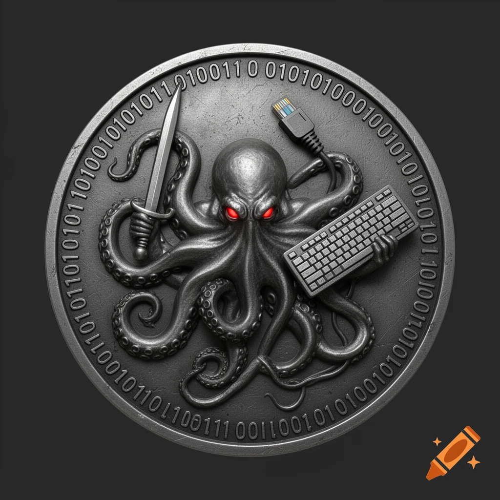 A 3D embossed challenge coin features a menacing kraken with red eyes. It holds a sword, a keyboard, and a severed ethernet cable. Binary code encircles the design.