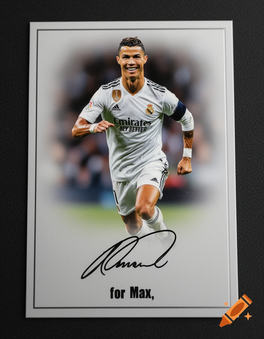 Photorealistic autograph card featuring Cristiano Ronaldo in a white soccer jersey, smiling and running, with a signature and 'for Max,'.