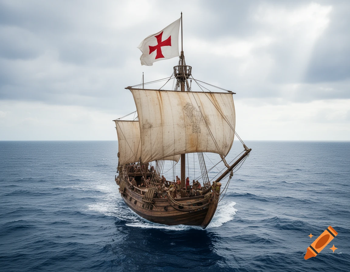 A photorealistic medieval wooden sailing ship with unfurled sails and a red cross flag, on blue ocean water under a cloudy sky.