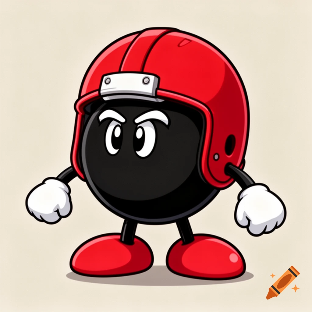 A cartoon character of an anthropomorphized black sphere with angry white eyes, wearing a red football helmet, white gloves, and large red feet.