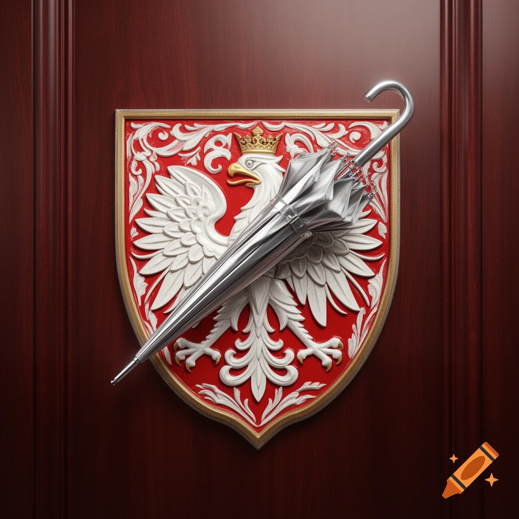 A closed silver umbrella rests diagonally on a detailed red shield with the Polish white eagle and gold crown.