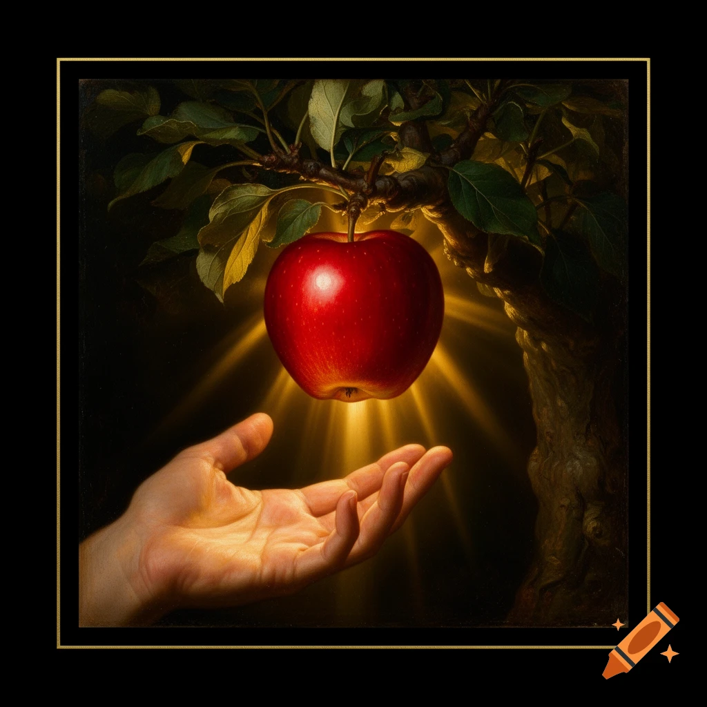 A human hand reaches for a glowing red apple on a tree branch, illuminated by golden rays on a dark background, in a realistic style.