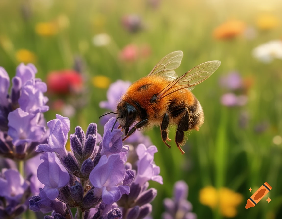 Close-up, photorealistic image of a fluffy bee with orange and black stripes landing on purple lavender flowers in a sunny field.