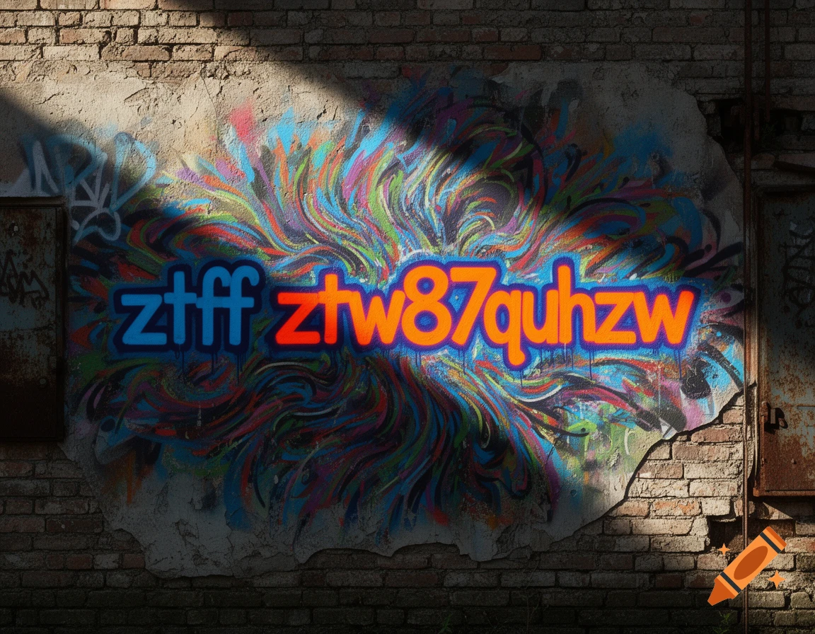Colorful graffiti spelling "ztfff ztw87quhzw" on a crumbling brick wall, illuminated by a shaft of sunlight.