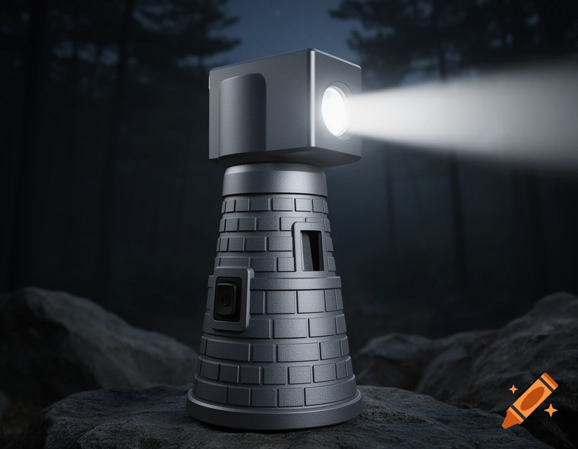 A gray, Cheomseongdae-shaped flashlight emitting a bright beam, resting on dark rocks in a forest at night, 3D rendering style.