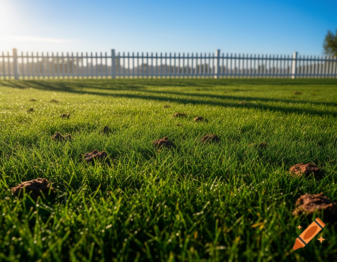 Low-angle shot of a lush green lawn with numerous molehills, a white picket fence in the background, under a clear blue sky.
