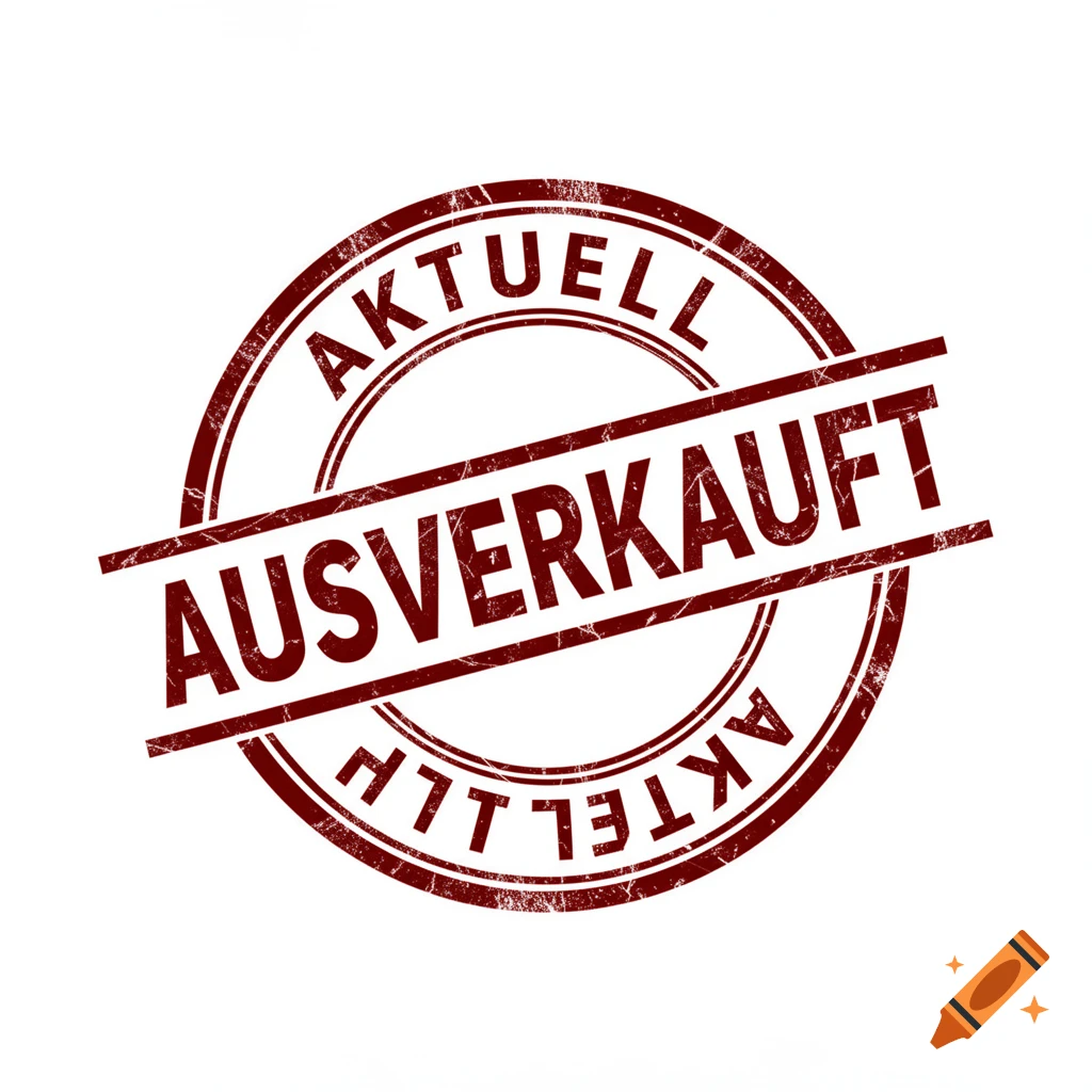 Distressed red rubber stamp with 'AKTUELL' at the top and bottom, and 'AUSVERKAUFT' diagonally across the center on a white background.