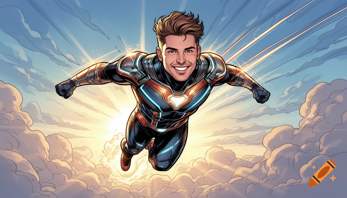 A smiling man in a futuristic superhero suit flies through a sunny, cloudy sky in comic art style.