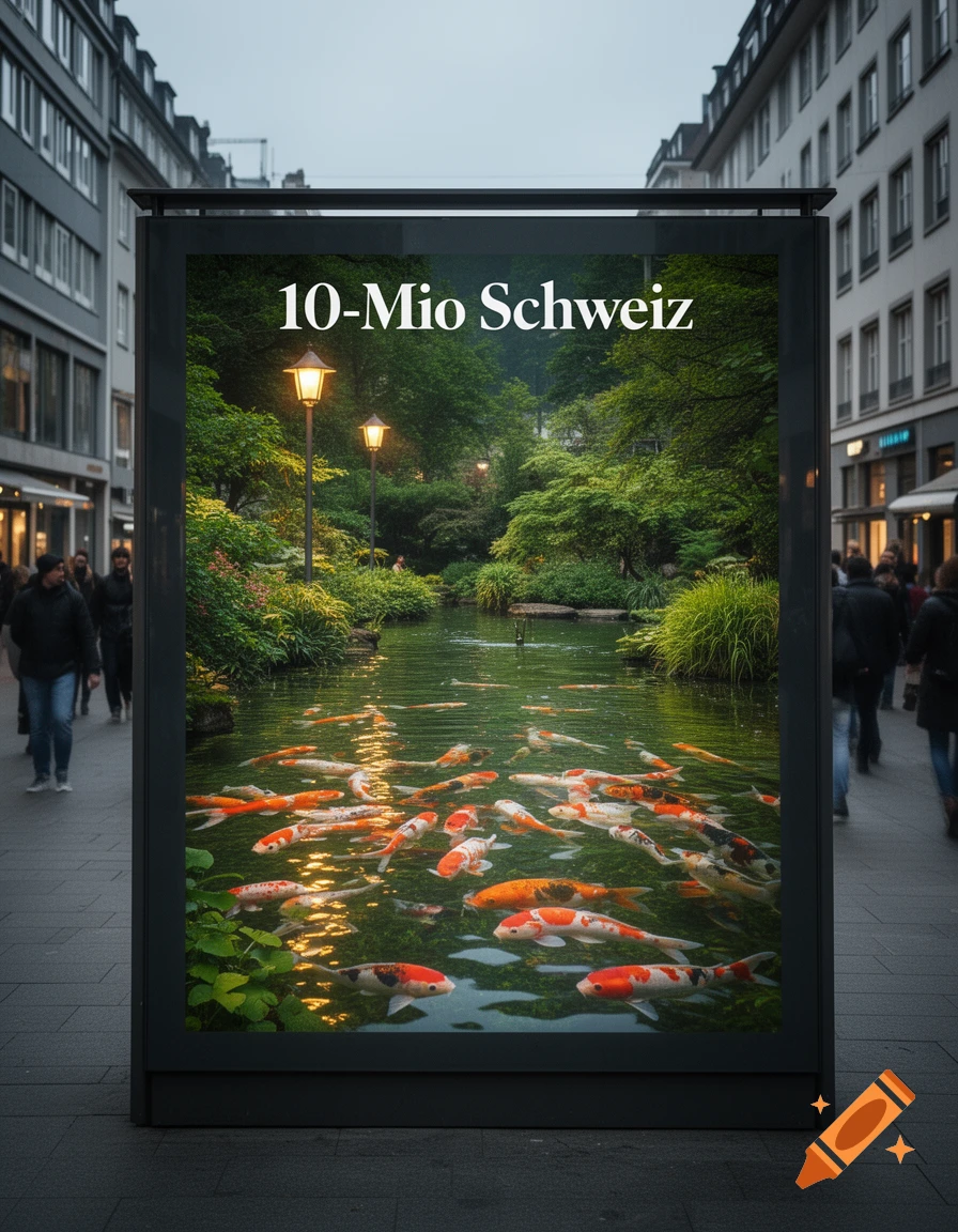 A photorealistic billboard in a city street displays a vibrant koi pond with colorful fish and "10-Mio Schweiz" text.