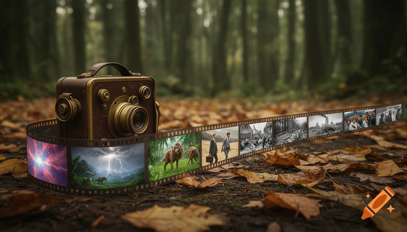 An old movie camera on a forest floor, unspooling a film strip depicting Earth's evolution from space and dinosaurs to historical human events.