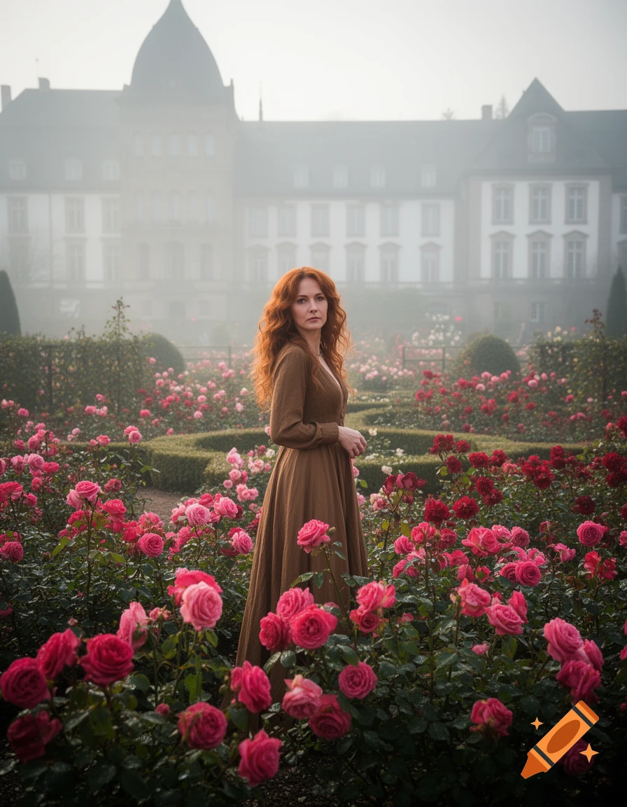 A woman with long red hair stands in a vibrant rose garden with a misty castle in the background.