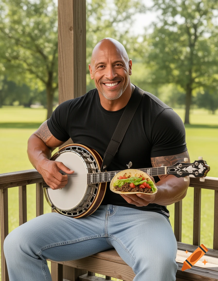Dwayne Johnson smiles while playing a banjo and holding a taco on a porch.