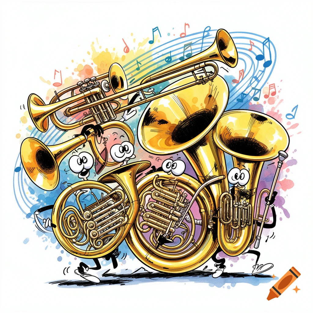 Cartoon brass instruments with faces and legs, surrounded by musical notes and colorful splashes, in a comic style.