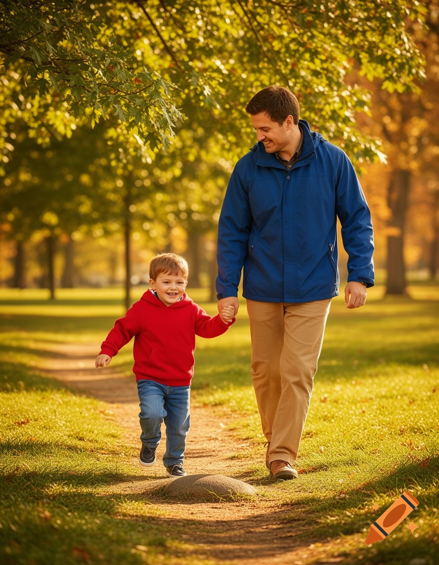 A man and a young boy walk hand-in-hand down a path in a sunlit park with golden autumn trees. Photorealistic.