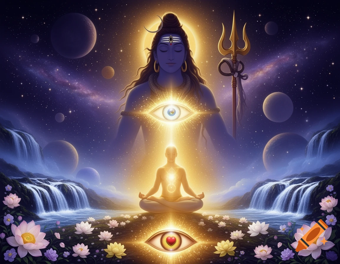 Mystical image of Shiva and a meditating person, glowing with spiritual light, surrounded by a starry cosmos, waterfalls, and lotus flowers.