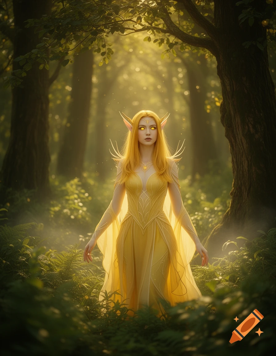 A golden-haired eladrin with glowing yellow eyes stands in a sunlit, misty forest, wearing a flowing golden gown.